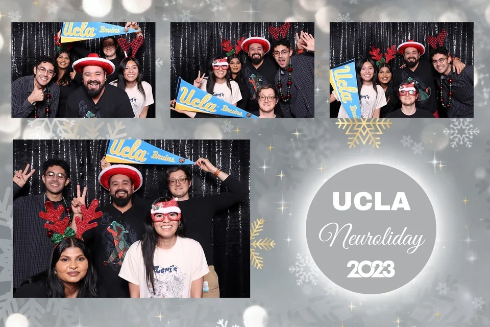 A collage of silly photos featuring members of the Zeiger Lab at the 2023 UCLA Neurology Holiday Party