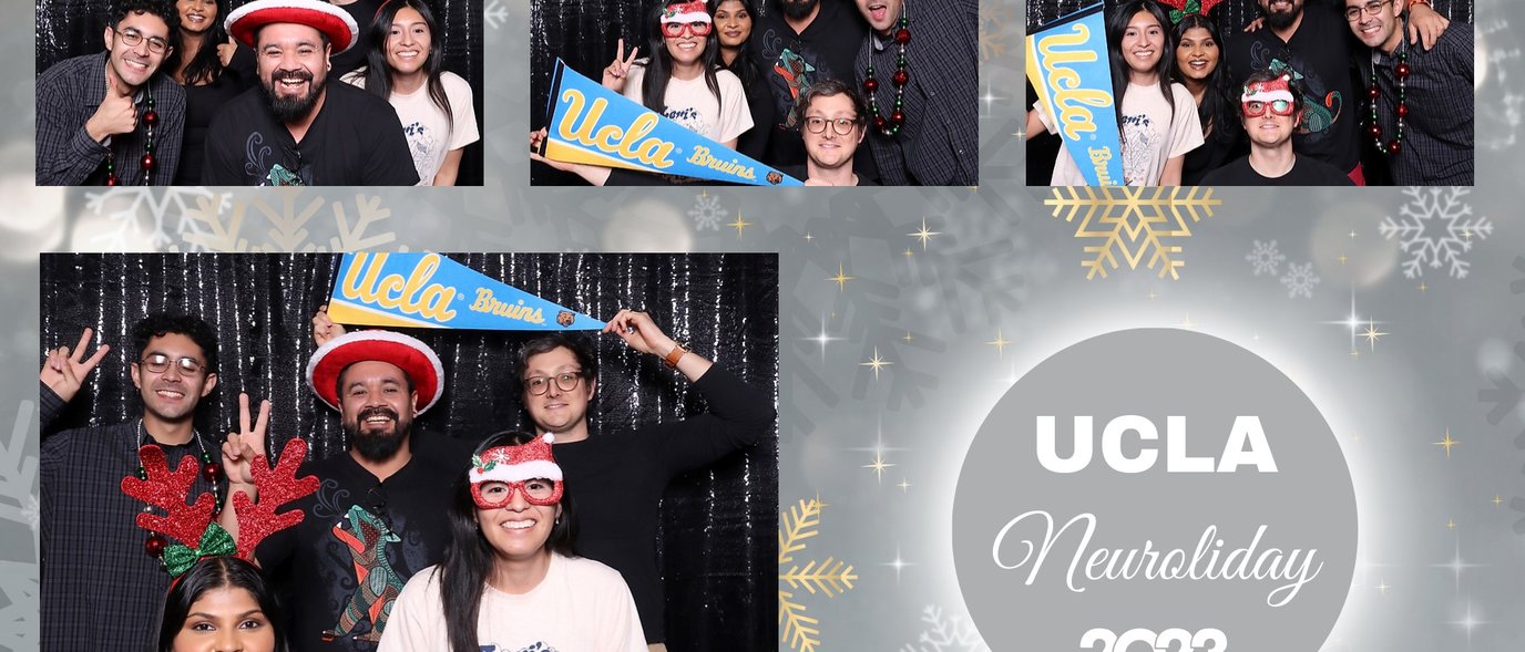A collage of silly photos featuring members of the Zeiger Lab at the 2023 UCLA Neurology Holiday Party
