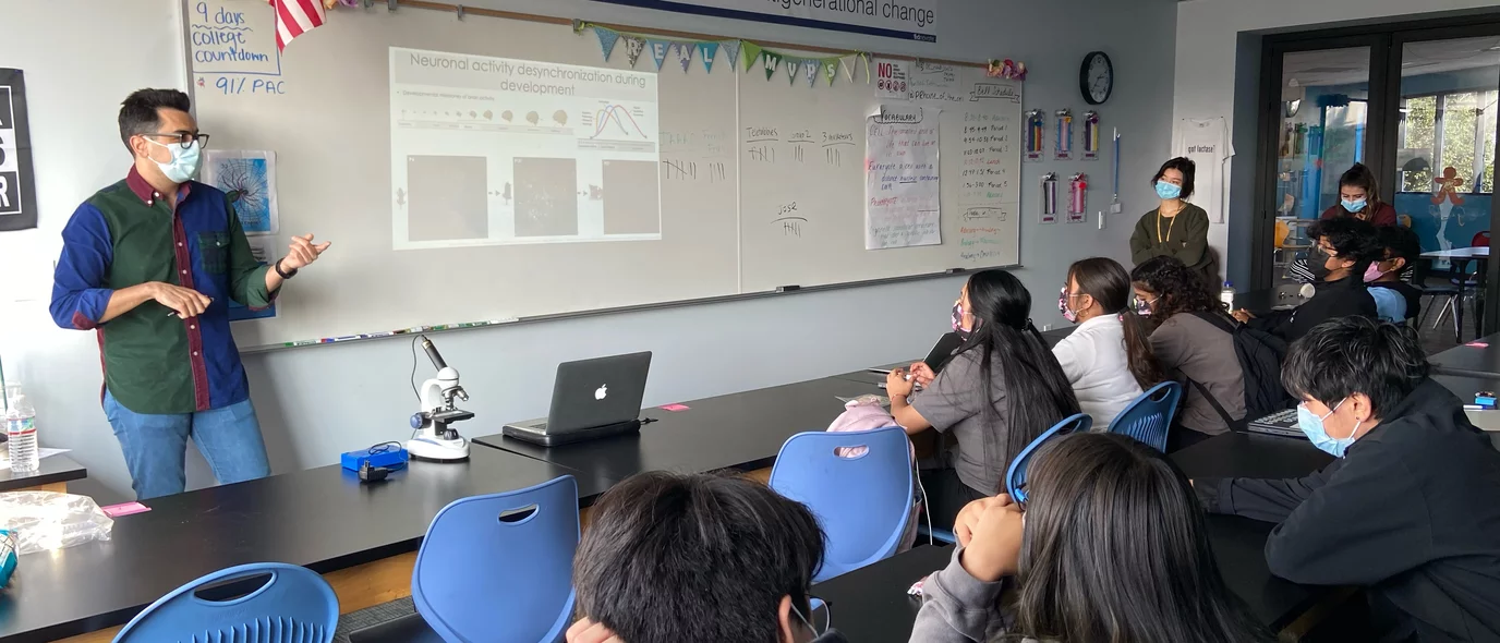 Members of the Portera and Zeiger Labs give a presentation on careers in neuroscience at East College Prep.